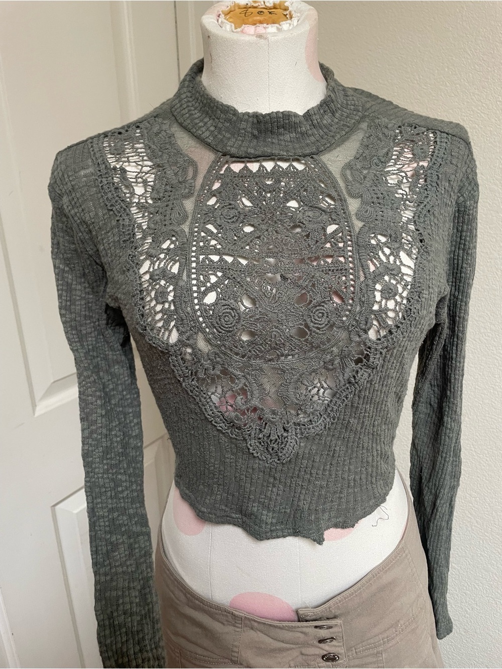 Women's Olive Green Crochet-Detail Long Sleeve Top